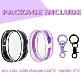 Foweroty PVC Storage Bag for Organizing Data Cables, Chargers, Earphone, Earbud, Keys, Change, Clear Figure Display Bag with Keychain, Makeup Bag, Multi-functional Storage Box (2 pcs Black + Purple)