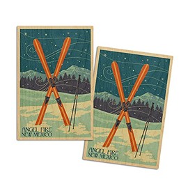 Angel Fire, New Mexico, Crossed Skis, Letterpress (4x6 Birch Wood Postcards, 2-Pack Stationary, Rustic Home Wall Decor)