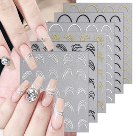 French Line Nail Stickers Black White Gold French Tip Nail Art Stickers 3D French Brushed Lines Designs Nail Decals Self-Adhesive French Nail Decoration for Women Girls DIY Manicure Art 6 Sheets