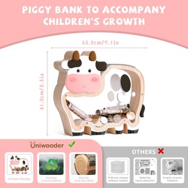 Uniwooder Wooden Cow Piggy Bank for Kids, Dairy Cow Kids Piggy Bank, Unbreakable Toddler Money Bank for Girls Boys, DIY Safe Coin Box with Sticker, Birthday Gift for Girls, Room Decor, Educational Toy