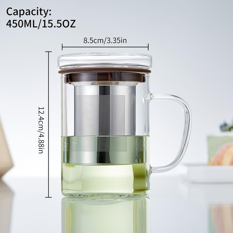 Glass Tea Cup with Infuser and Lid, 400ml Large Borosilicate
