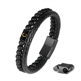 Bracelets for Men - Men Gifts Matte Agate Bead Magnetic Clasp Black Mens Leather Bracelet with Initial Black Mens Leather Bracelets Initial C Bracelet for Men's Jewelry Men's Gifts for Dad Husband Him