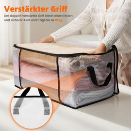 NEWSONA Pack of 3 Transparent Storage Bags, 60 L, Foldable Clothes Boxes for Closet or Under the Bed, Organiser for Clothes, Blankets and Household