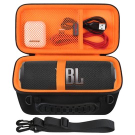 Elonbo Carrying Case ​for JBL Flip 7/6/ 5 Waterproof Portable Bluetooth Speaker, JBL Flip Speaker Hard Travel Bag Storage Holder, Mesh Pocket Fits Charger, Black+Orange