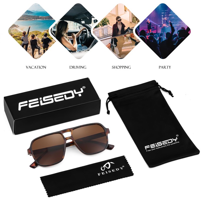 FEISEDY Retro Square Aviator Sunglasses Women Men 70s Vintage Trendy