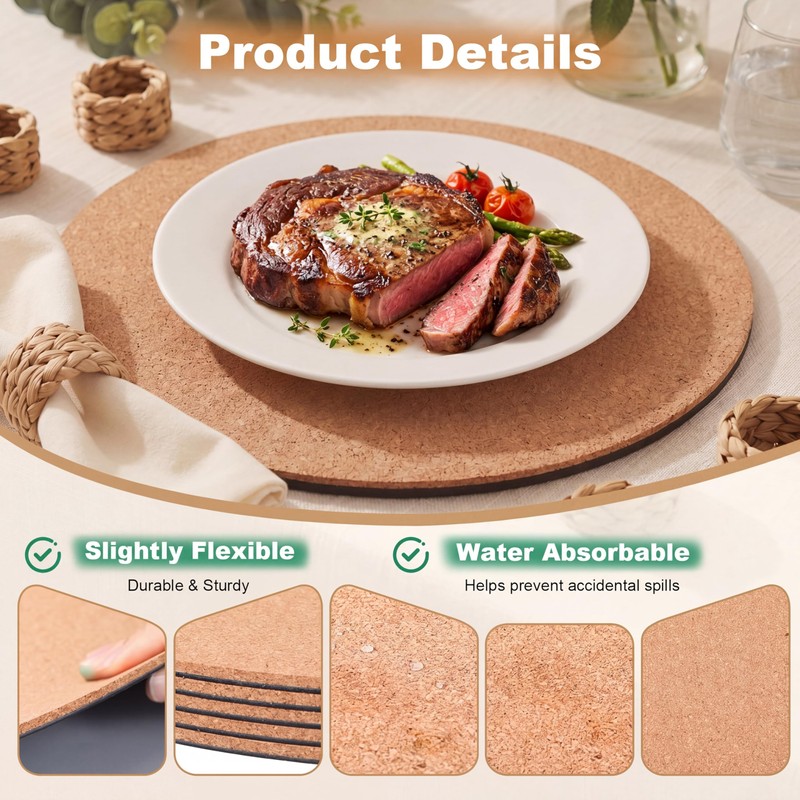 Gandeer Set of 6 Round Cork Placemats Rustic Heat Resistant