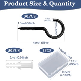 PXBSNB Pack of 50 Screw Hooks Black Stainless Steel Hooks for Screwing Ceiling Hooks Small Wall Hooks for Screwing Hook Screws for Hammocks Awnings Rocking Chairs Fixed Cable Hanging Basket (M3-40 mm)