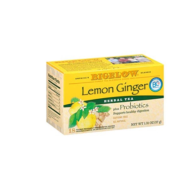 Bigelow Lemon Ginger Plus Probiotics Herbal Tea Bags, 18 Tea Bags