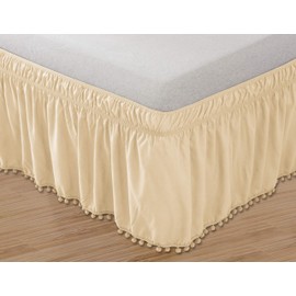 Elegant Comfort POM-POM-BedSkirt-Queen/King Cream Top-Knot Tassle Pompom Fringe Ruffle Skirt Around Style Elastic Bed Wrap-Wrinkle Resistant 16" Drop, Queen/King, Beige
