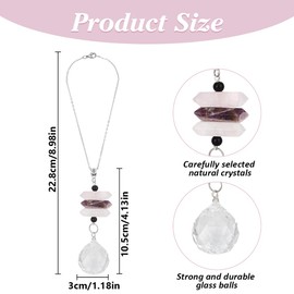 DELORIGIN Natural Amethyst Car Hanging Ornaments Quartz Crystal Car Pendant Charms Rainbow Glass Ball Dangle Suncatcher for Window Garden Home