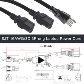 wininks Computer Y Splitter Power Cord, 3FT NEMA 5-15P to 2X IEC60320 C13 Female 2 Ways Outlet AC Power Cord, SJT 16AWG Universal Laptop 3 Prong Power Cable, C13 Y Spliiter for Monitor/TV/Printer
