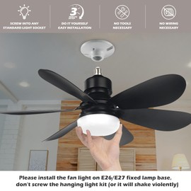 EEK Ceiling Fans with Light and Remote Control, Socket Fan Light with Dimmable Lights, E26/E27 Plug in Base, 3 Speeds, 3 Color Temperatures, 1600 Lumens 40W Fan Lights for Bedroom Living Room(Black)