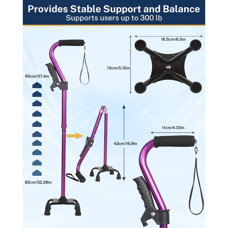 KUAZIDAR Adjustable Cane with Ergonomic Handle & 4-Prong Base for