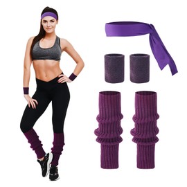 Junely 80s Accessories for Women Neon Leg Warmers Headband and Wristbands Set Knit Legwarmers for Ballet Dance Figure Skating Ice Skating Boot Purple