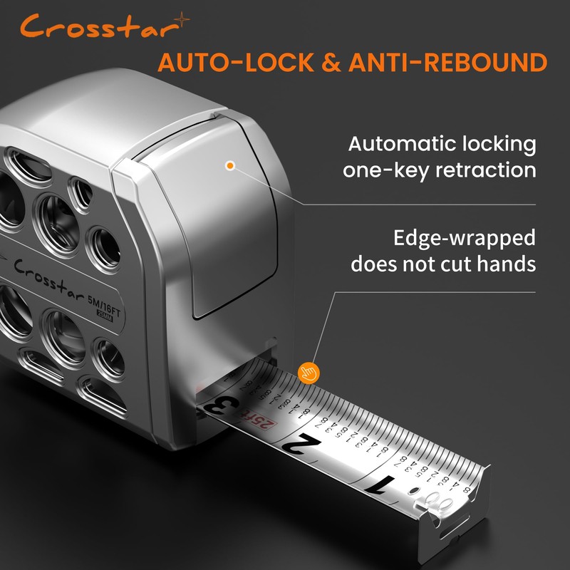 Crosstar 16FT Magnetic Self-Locking Stainless Steel Tape Measure, Double-Sided Scale,