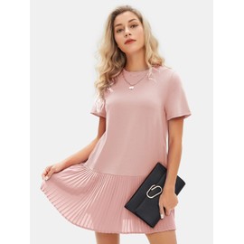 EXLURA Womens Summer Casual Short Sleeve Dress Crewneck Tshirt Dresses Pleated Aline Mini Dress 2025 Vacation Beach Sundress Pink