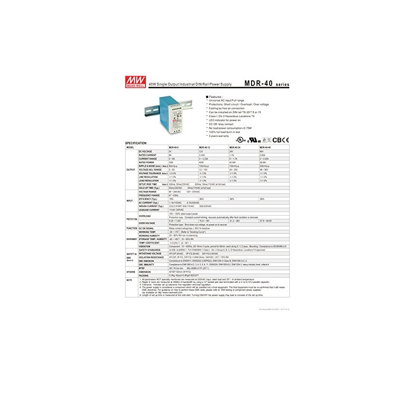 MW Mean Well MDR-40-12 12V 3.33A 40W Single Output Industrial