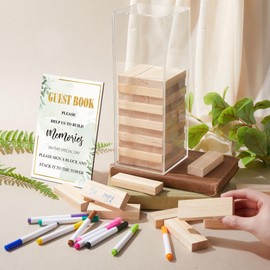 Beeveer 80 Pcs Wedding Guest Book Alternative Wooden Block Guest Book for Wedding Sign in Wedding Book Wooden Block Wedding Games Bridal Shower Game for Wedding Sign in, Reception (Greenery)