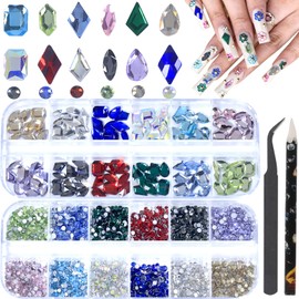 BORN PRETTY 2 Boxed Colorful Nail Rhinestones Multi Shapes Flatback Gems Crystal AB Rhinestones with Pick Up Tweezers and Nail Rhinestone Picker, Nail Art Tools for Nail Art DIY Decoration