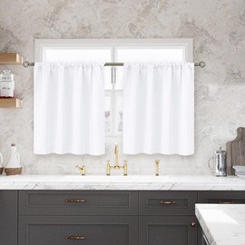 BGment Short White Kitchen Curtains 30 Inch Length - Cafe Drapes with Rod Pocket Privacy Protection for Bathroom Basement Windows Over Sink, 2 Panels, 42 x 30 Inch