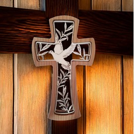Kaltner Präsente Geschenkidee - Wandkreuz Echt Buche Holz Kreuz Kruzifix für die Wand 20 cm modern Taube Friedenstaube