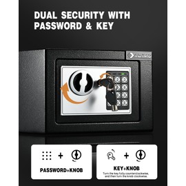 ADIMO Small Safe, 0.23Cubic Safe for College Dorm Room for Cash or Document, Money Box with Keys & Passcode and Wall Kits, Black Hidden Lock Box for Hotel Home Office Business