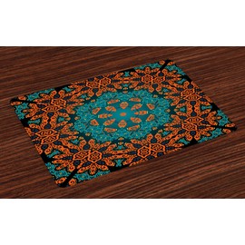 Ambesonne Psychedelic Place Mats Set of 4, Round Flowers Floral Patterns with Psychedelic Motif Boho Hippie Style Image, Washable Fabric Placemats for Dining Room Kitchen Table Decor, Teal Orange