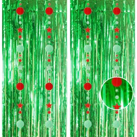Glitter Green Tinsel Curtain Hanging Decorations Set 3.2x8.3ft, Door Tinsel Foil Fringe Curtain Streamers Party Curtain for School Graduation Birthday Hen Photo Banner Party Decorations