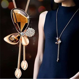 Inateannal Crystal Butterfly Necklace Inlay Rhinestone Flower Pendant Y-Necklace Gold Snake Chain Lariat Necklace Long Tassel Statement Sweater Necklace Jewelry for Women Girls