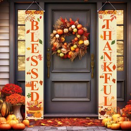 Uniwish Thankful Blessed Porch Banner Thanksgiving Decorations Indoor Outdoor Pumpkin Maple Leaves Welcome Sign for Home Farmhouse Yard Decor Harvest Friendsgiving Party Decorations, 70 x 12 Inch