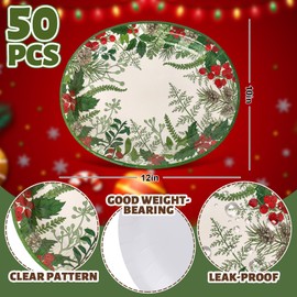 JarThenaAMCS 50Pcs Christmas Oval Paper Plates Holly Berry Pine Cone Disposable Plates 10 x 12 Inch Xmas Tableware Plates for Winter Holiday Party Decor Supplies