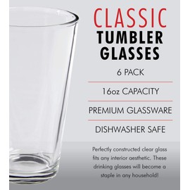 Clear Glass Beer Cups – 6 Pack – All Purpose Drinking Tumblers, 16 oz – Elegant Design for Home and Kitchen – Great for Restaurants, Bars, Parties – by Kitchen Lux