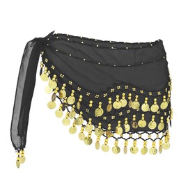 Grevosea Belly Dance Skirt, Coin Belt Hip Scarf with Sequins and Coins, Performance Belly Dancer Costume for Women 128 Coins(Black)