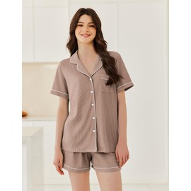 Ekouaer Womens Waffle Knit Pajama Sets Soft Short Sleeve Button Down Sleepwear Cozy 2 Piece Pjs Shorts Set,Medium,Khaki