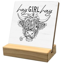 HONLUNG Western Cow Desk Decor, Hay Girl Hay Funny Cow Wooden Plaque Sign Desk Decor, Desk Decor Gifts for Farmhouse Living Room Tabletop Shelf Decor, Wood Plaque with Wooden Stand