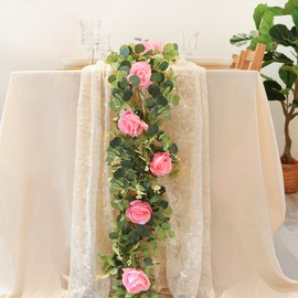 MoonFaFaFa 6.7FT Artificial Eucalyptus Garland with 12 Pink Roses Faux Silk Flower Vine for Home Decor Wedding Arch Party Backdrop, Floral Table Runner Centerpiece DIY Wreath Wall Décor Indoor Outdoor