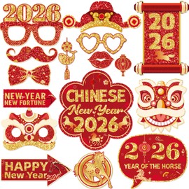 Happy Chinese New Year Photo Booth Props Lunar New Year Spring Festival Party Decorations 2026 Year of The Horse Photobooth Props Kit for Family Gathering