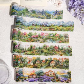 Kigofora Flake Stickers Flowers and Nature Pastoral Garden Landscape Set of 6 Types Translucent PET Collage Stickers 65mm Wide x 2m Rolls Scenic Design Collage Flower Stickers Notebook Scrapbook Album
