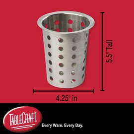 TableCraft 34 Utensil Holder, Flatware Cylinder with Cut-Outs, Stainless Steel, Fits Basket Holders or Countertop, 4.5" x 4.5" x 5.375", Silver, for Commercial Kitchen Use