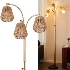 GHCKER Gold Rattan Floor Lamp for Living Room, 72 Inch Tall Boho Floor Lamp with Rotary Switch, 3 Lights Arc Lamp with Wicker Shade for Coastal,Bohemian,Modern,Tree Farmhouse Standing Lamp