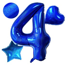Blue Number 4 Balloons 40 Inch Giant Laser Navy Blue 4 Helium Balloons for Boys 4th Birthday Party Supplies 4th Anniversary Events Decorations