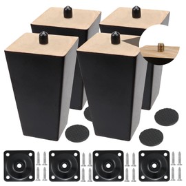 Wkmamo Wooden Sofa Feet, Pack of 4, 10 cm Replacement Furniture Feet, Black with Screws and Felt Gliders for Sofa, Bed, Cabinet, Couch, Ottoman (10 cm, Black, Square Wood)