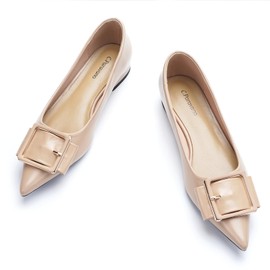 Women's Pointed Toe Square Buckle Flats Elegant Slip-On Ballet Flats Comfortable Dressy Shoes for Work Party Daily Wear(Size 7.5,Beige)