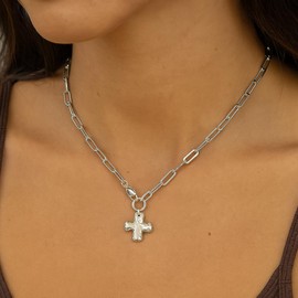 YOOESTORES82 Trendy Gold Paperclip Chain Cross Pendant Necklace, Minimalist Melt Texture Charm, Chunky Statement Jewelry Gift for Fashion Women (Silver)