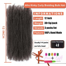 Afro Kinky Curly Synthetic Bulk Hair 12 Inch 3 Packs Marley Twist Hair Bulk for Dreadlock Extensions Spring Afro Twist Hair Bulk for Mini Twist Repair Locs (4#, 12 Inches)