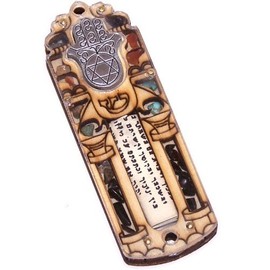 Holy Land Market Star of David & Hamesh Hand Mezuzah with Israel Gemstones - 3 Layers Wooden (10cm or 4 inches)