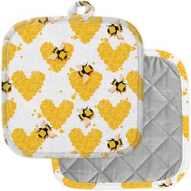 [Pack of 2] Pot Holders for Kitchen, Washable Heat Resistant Pot Holders, Hot Pads, Trivet for Cooking and Baking ( Honeycomb Form Heart Bees Natural )