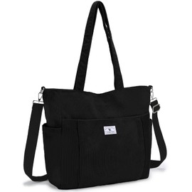 VX VONXURY Tote Bag for Women Corduroy Large Shoulder Bag with Multi Pockets Lightweight Handbag for Work College Shopping,Black