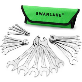 SWANLAKE 19Pcs Super-Thin Open End Wrench Set with Rolling Pouch, Carbon Steel SAE & Metric, 1/4" to 1-1/16" and 5.5mm to 27mm Slim Spanner Wrench Set (19pcs METRIC & SAE)