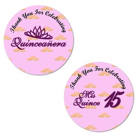 40 Quinceanera Stickers, 2 Inch Big Round Glossy Labels, Thank You for Celebrating Mis Quince 15 Birthday Theme, Great for Party Favors, Tags, Games and Supplies. Made in USA (Purple)
